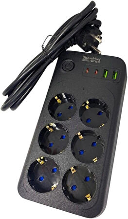 Lunatic Showmax Serisi SH-3046 Termal Akım Korumalı Priz 2 MT (6 Priz + 2 Usb + 2 Type-c) (6 Lı 2xUSB 2xType C Çıkışlı)