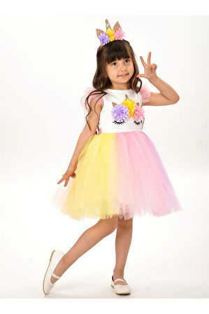 Kız Çocuk Beyaz Unicorn Figürlü Taçlı Elbise