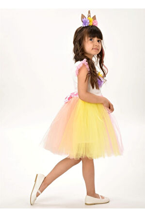 Kız Çocuk Beyaz Unicorn Figürlü Taçlı Elbise