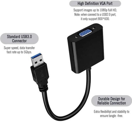 Lunatic 5649 USB 3.0 To Vga Çevirici Dönüştürücü Adaptor Monitör Kablosu USB 3.0 Portunuz varsa 1080P ye kadar yüksek çözünürlükte görüntü aktarımı sağlayabilirsiniz