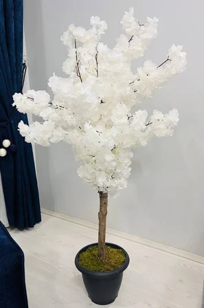 130 cm Beyaz Bahar Dalı Kiraz Çiçeği Ağacı - Canlı Görünümlü Modern Ev & Ofis Dekoru
