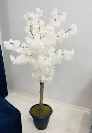130 cm Beyaz Bahar Dalı Kiraz Çiçeği Ağacı - Canlı Görünümlü Modern Ev & Ofis Dekoru