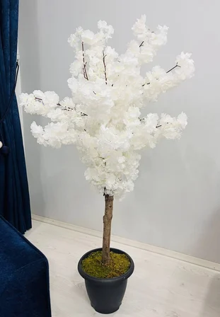 130 cm Beyaz Bahar Dalı Kiraz Çiçeği Ağacı - Canlı Görünümlü Modern Ev & Ofis Dekoru