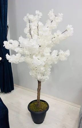 130 cm Beyaz Bahar Dalı Kiraz Çiçeği Ağacı - Canlı Görünümlü Modern Ev & Ofis Dekoru