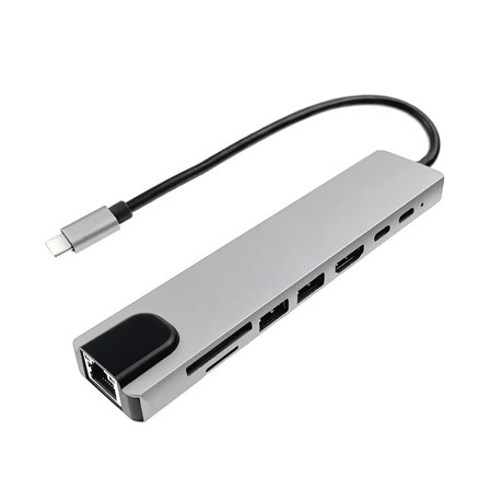 Lunatic 7020 USB Type-C Hub Dönüştürücü 8 in 1 Çoklayıcı - HDMI, 2 Adet USB 3.0, 2 Adet USB C, SD/MicroSD, Ethernet - Çevirici 8li Port USB C Adaptör Bağlantı Noktası Ara Kablo