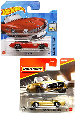 2 Araç Set Matchbox 1963 Mercedes-Benz 230 Sl - Gold & Hot Wheels Bmw 507 - Kırmızı (1/64)
