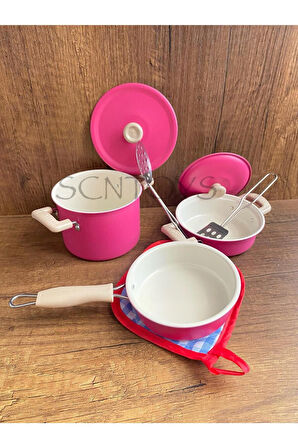 8 Parça Emaye Metal Oyuncak Tencere Tava Seti Evcilik Mutfak Oyun Seti Emaye Metal Paslanmaz Çelik