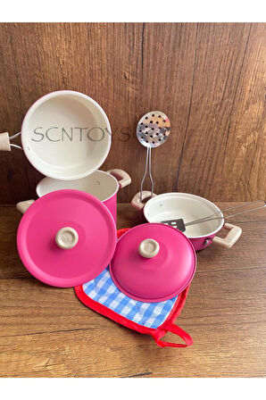 8 Parça Emaye Metal Oyuncak Tencere Tava Seti Evcilik Mutfak Oyun Seti Emaye Metal Paslanmaz Çelik