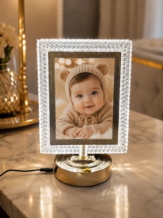 Kişiye Özel Fotoğraflı Kristal Dikdörtgen Çerçeveli LED Masa Lambası-Gold Tabanlı 13x18 cm Dekoratif Hediye 