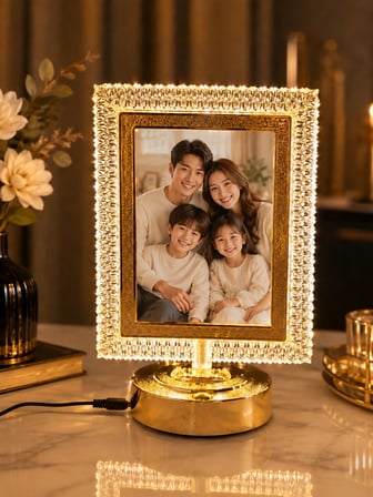 Kişiye Özel Fotoğraflı Kristal Dikdörtgen Çerçeveli LED Masa Lambası-Gold Tabanlı 13x18 cm Dekoratif Hediye 