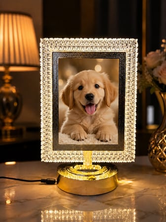 Kişiye Özel Fotoğraflı Kristal Dikdörtgen Çerçeveli LED Masa Lambası-Gold Tabanlı 13x18 cm Dekoratif Hediye 
