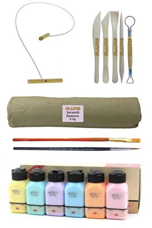 Beyaz Seramik Hamuru 6 Kg +Kil Kesme Teli 5'li + Pastel Renkler Ebeşuar Artdeco Akrilik Boya 6x75 Ml