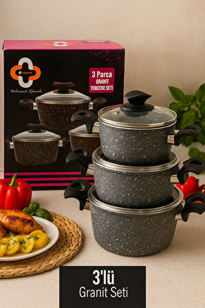 Palmiyra Ekonomik 6 Parça Granit Tencere Seti – 14 cm, 16 cm, 18 cm Derin Tencere, Yanmaz Yapışmaz