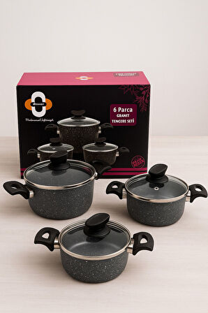 Palmiyra Ekonomik 6 Parça Granit Tencere Seti – 14 cm, 16 cm, 18 cm Derin Tencere, Yanmaz Yapışmaz