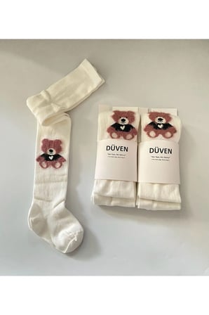 2'li Paket Kız Çocuk Beyaz Pamuklu Ayıcık Desenli Külotlu Çorap