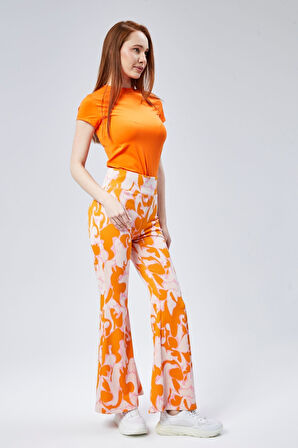 Kadın Yeşil Desenli Yüksek Bel Esnek İspanyol Paça Tayt Pantolan