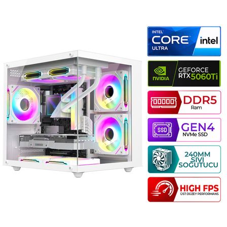 Xaser Kratos X100 Intel Ultra 5 225F 16GB DDR5 Ram 512GB M.2 NVMe SSD 8GB RTX5060Ti Sıvı Soğutmalı Masaüstü Oyuncu Bilgisayarı
