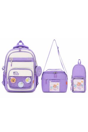 Kawaii Kore Tarzı Aksesuarlı 3'lü Set Lila Kız Çocuk Okul Çantası İlkokul Sırt Çantası Beslenme Çantası Kalemlik