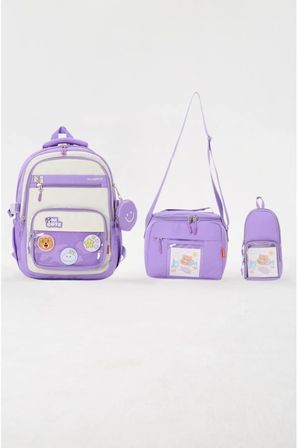 Kawaii Kore Tarzı Aksesuarlı 3'lü Set Lila Kız Çocuk Okul Çantası İlkokul Sırt Çantası Beslenme Çantası Kalemlik