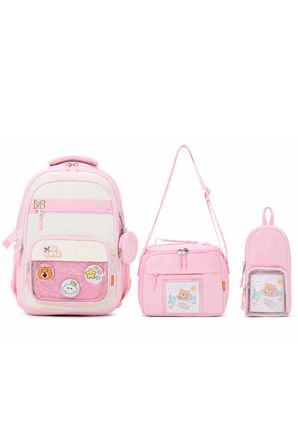 Kawaii Kore Tarzı Aksesuarlı 3'lü Set Pembe Kız Çocuk İlkokul Sırt Çantası Beslenme Çantası Kalemlik