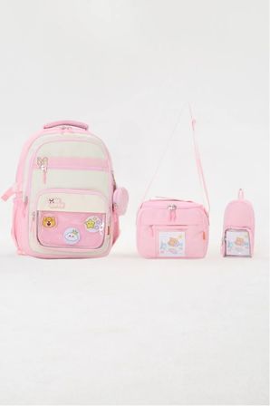 Kawaii Kore Tarzı Aksesuarlı 3'lü Set Pembe Kız Çocuk İlkokul Sırt Çantası Beslenme Çantası Kalemlik