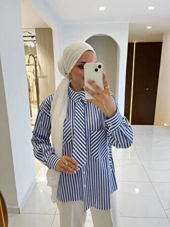 Kravat Detaylı Çizgili Kadın Gömlek GMK16067