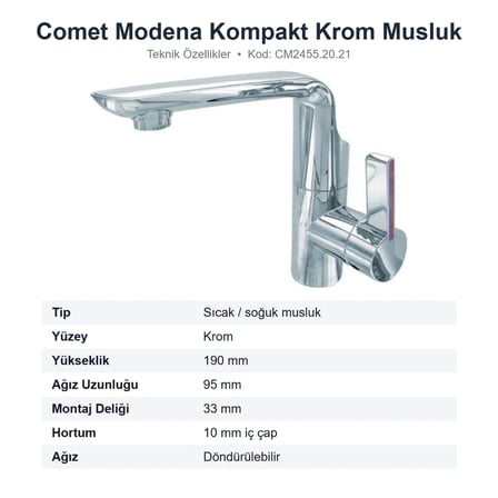 Comet Modena Kompakt Krom Sıcak Soğuk Karavan Musluğu 190 mm (CM2455.20.21)