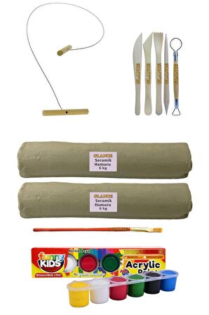 Beyaz Seramik Hamuru 6 Kg X2'li Kil Kesme Teli 5'li Ebeşuarlı 15 ml Akrilik 6 Lı Set