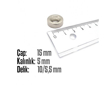 Neodyum Mıknatıs Yuvarlak Havşalı Çap 15mm (delik 10/5,5mm) Kalıklık 5mm 3 Adet