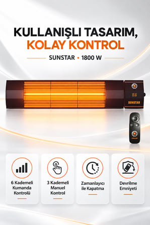 Sunstar Profesyonel 1800 W Kumandalı Halojen Isıtıcı – 6 Kademeli Uzaktan Kontrol, Zamanlayıcı ve De