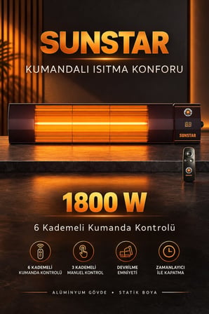 Sunstar Profesyonel 1800 W Kumandalı Halojen Isıtıcı – 6 Kademeli Uzaktan Kontrol, Zamanlayıcı ve De