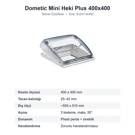 Dometic Mini Heki Plus Tavan Hekisi 400x400 mm, 25–42 mm Tavan, Havalandırmasız (9104116450)