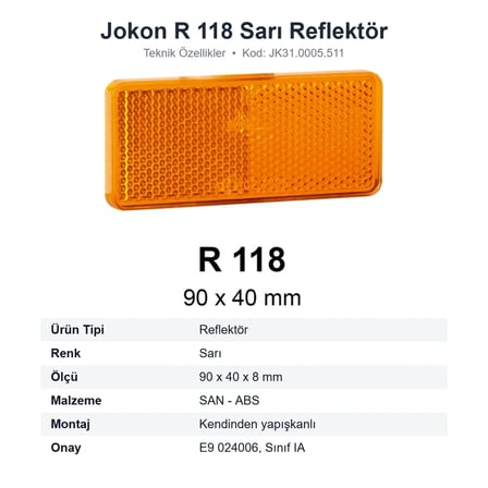 Jokon R 118 Sarı Karavan Reflektörü 90x40 mm Yapışkanlı (JK31.0005.511)