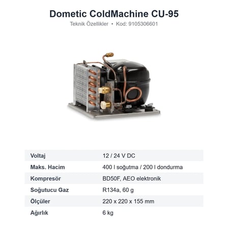 Dometic ColdMachine CU-95 Soğutma Ünitesi 12/24 V, 400 L'ye Kadar, Kübik Tasarım (9105306601)