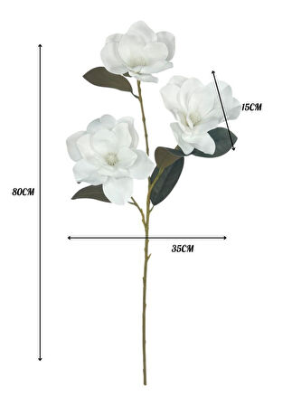 Yapay Çiçek Beyaz Manolya Islak Doku 3 Kafalı Uzun Dal Çiçek Flowers 80cm