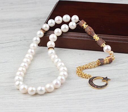 Zirkon Taşlı Gümüş Püsküllü Doğal İnci Tesbih