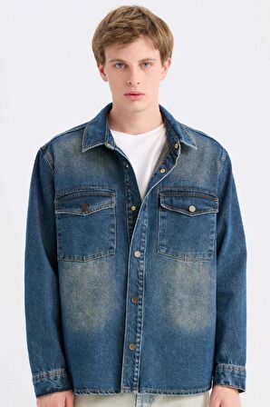 DeFacto Relax Fit Uzun Kollu Cepli Jean Gömlek Ceket D0448AX24AUNM34