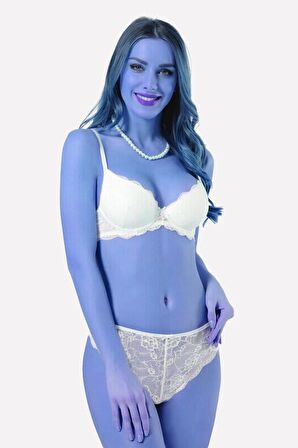 Ekru Dantelli Destekli Sütyen Külot Takım