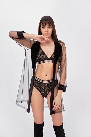 Siyah Rose Silvery Simli Kapsız Sütyen Takım