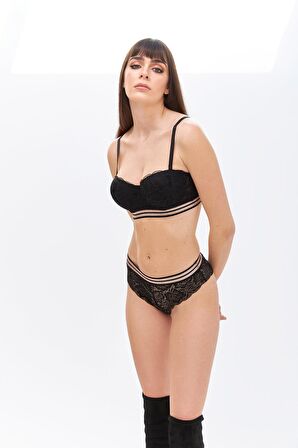 Siyah Rose Silvery Simli Straplez Sütyen Takımı