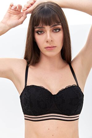 Siyah Rose Silvery Simli Straplez Sütyen Takımı