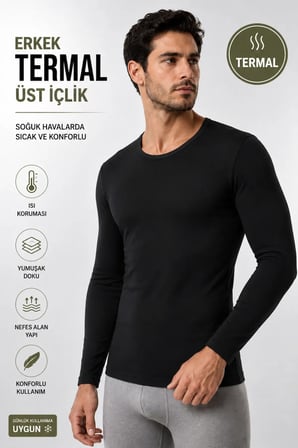 Erkek Termal Üst İçlik Uzun Kollu Bisiklet Yaka Esnek Yumuşak Dokulu Kışlık İçlik - 1 Adet
