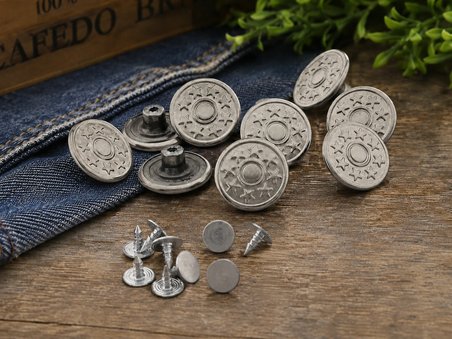 LUDIA 10'lu Yıldız Desenli Kot Düğmesi Seti 20 mm Gümüş Renk Metal Çivi Düğme