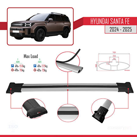 Hyundai Santa Fe 2024-2025 Arası ile Uyumlu FLY Model Ara Atkı Tavan Barı Gri 2 Adet