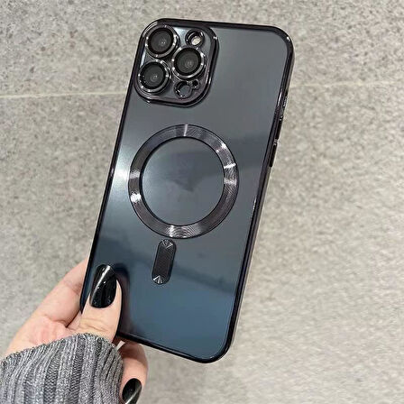 İPHONE 15 PRO MAX UYUMLU KAMERA LENS KORUMALI MAGSAFE ÖZELLİKLİ ŞEFFAF KILIF KENAR SİYAH