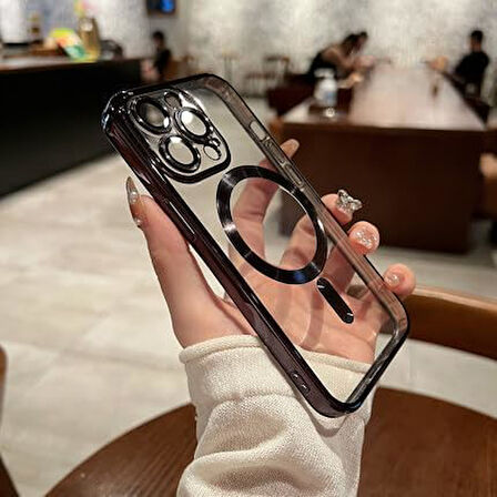 İPHONE 15 PRO MAX UYUMLU KAMERA LENS KORUMALI MAGSAFE ÖZELLİKLİ ŞEFFAF KILIF KENAR SİYAH