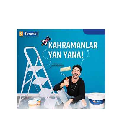 Saraylı Pratik Metal Merdiven Beyaz 4 Basamaklı Güvenli Kilit Sistemi Kaymaz Basamaklar