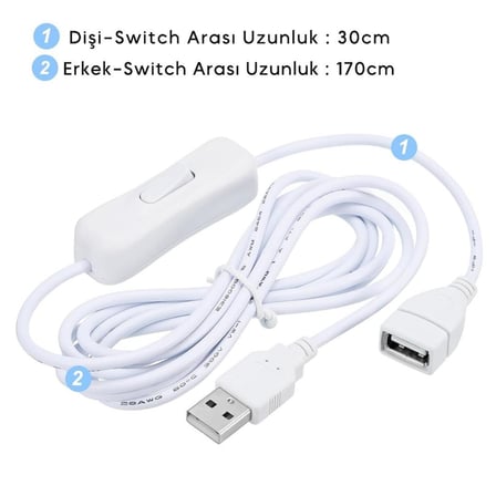 Lunatic 9660 Usb Power Data Kablo Açma Kapama Düğmeli Dişi Erkek Güç Ara Uzatma Kablosu 2 Metre