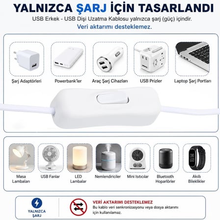 Lunatic 9560 Usb Power Data Switch Kablo Açma Kapama Düğmeli Dişi Erkek Güç Ara Uzatma Kablosu 30cm