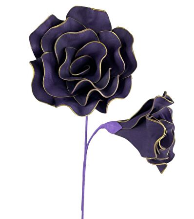 Latex Çiçek 2 Kafalı Siyam Gülü Yapay Çiçek Köpük Çiçek Gold Kenarlı Koyu Mor